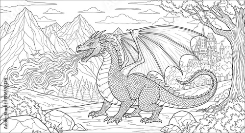 Dragon breathing fire in front of a castle and mountains, coloring page