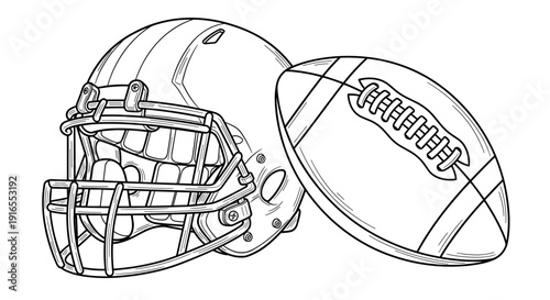 American football helmet and ball line art illustration, coloring page