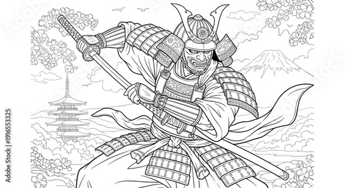 Warrior samurai with sword and Japanese landscape line art, coloring page