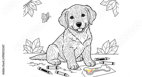 Happy puppy with crayons and bone coloring page line art, coloring page