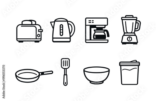Home breakfast appliances: toaster, electric kettle, coffee maker, blender, frying pan, spatula, mixing bowl, cereal container