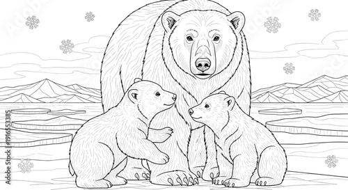 Polar bear family in icy landscape with snowflakes falling, coloring page