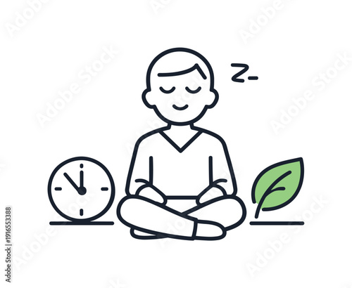 Healthy focus recovery and short mental break in a busy professional routine highlighting sustainability, a seated figure with closed eyes beside a