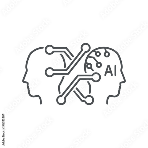 Human heads connected by circuit board with AI technology