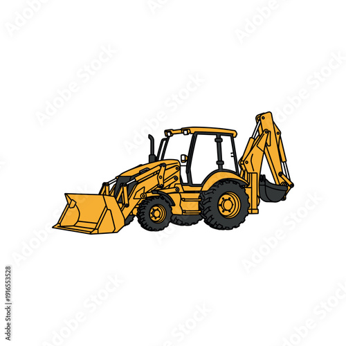 An illustration of a yellow backhoe loader with a bucket and shovel on a construction site outdoors.