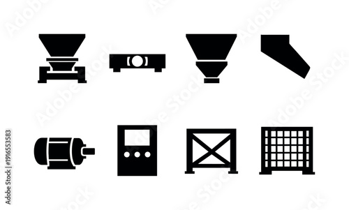 Industrial gravimetric feeder icons: gravimetric feeder, load cell, feed hopper, discharge chute, drive motor, control panel, support frame, safety