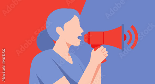 Woman holding a red megaphone and making an announcement.