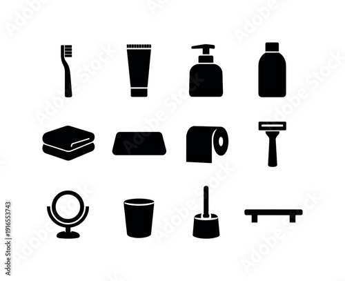 Home bathroom daily items: toothbrush, toothpaste tube, soap dispenser, shampoo bottle, towel, bath mat, toilet paper roll, razor, mirror, cup, toilet