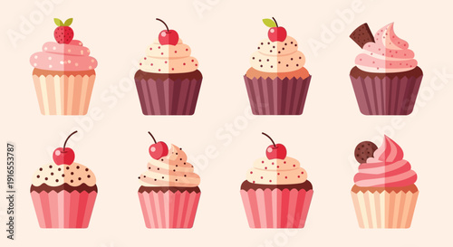 Assorted Cupcakes with Various Toppings and Frosting.