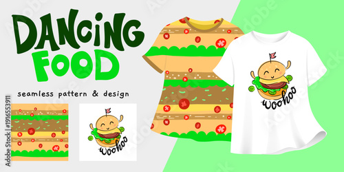 Seamless pattern and t-shirt design with a dancing cartoon burger mascot and colorful burger stripes. Dancing Food set, cartoon food design for apparel design, packaging and textile