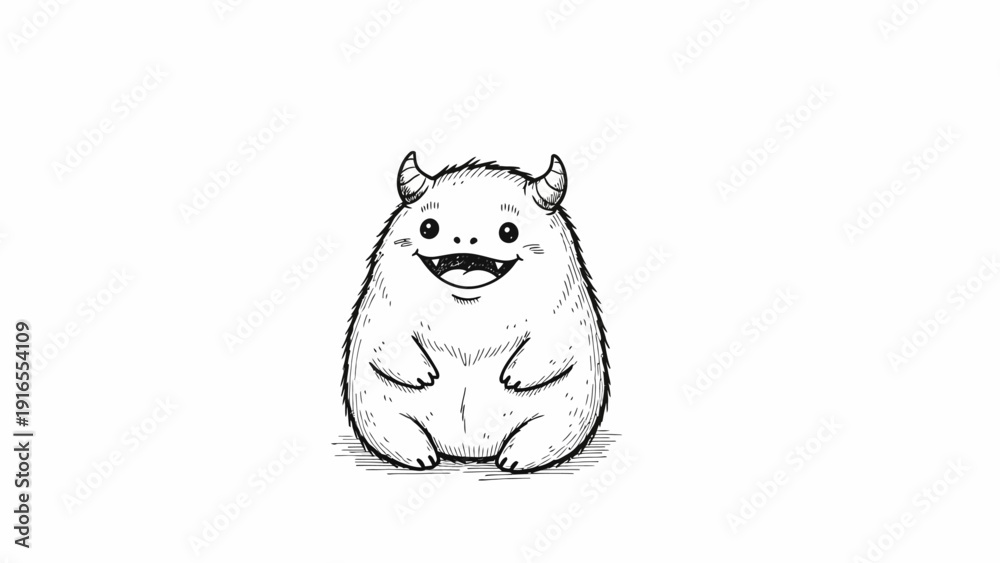 Naklejka premium Cute fluffy monster with horns smiling and sitting on white background
