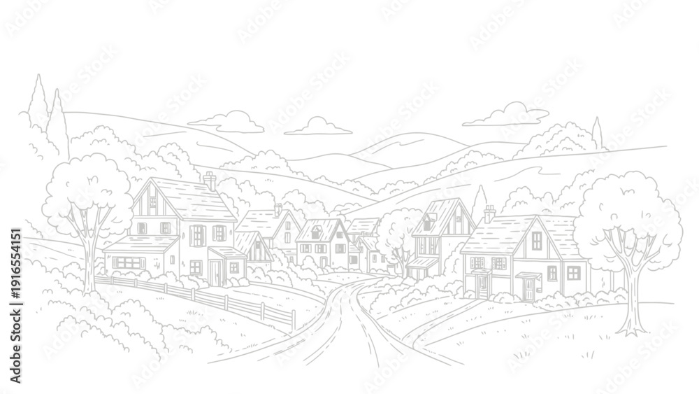 Fototapeta premium Charming village nestled in rolling hills, depicted in a sketch style.