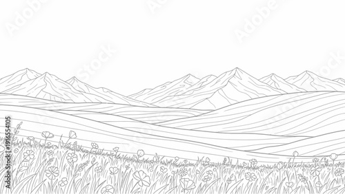 Outline of a wildflower meadow with rolling hills and mountains.