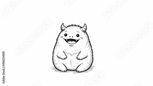 Cute fluffy monster with horns smiling and sitting on white background