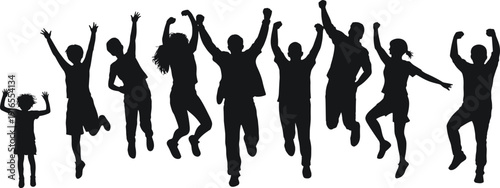 Group jumping silhouettes, joyful adults and children, arms raised celebration, unity freedom, energetic movement, happiness together, lifestyle balance, collective enthusiasm moment