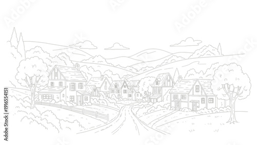 Charming village nestled in rolling hills, depicted in a sketch style.