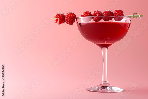 Elegant Red Drink with Fresh Raspberries Against Solid Pink Backdrop