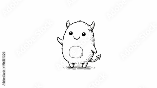 Cute Fluffy Monster Waving - Black and White Cartoon Illustration