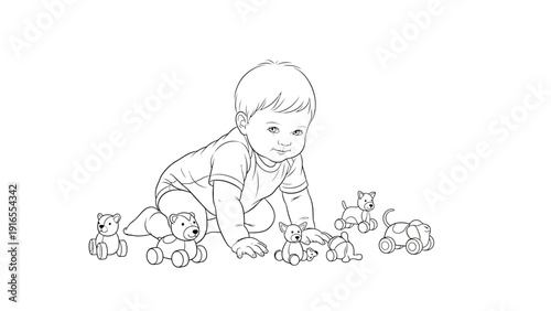 A cute baby crawling and playing with toy animals on a white background.