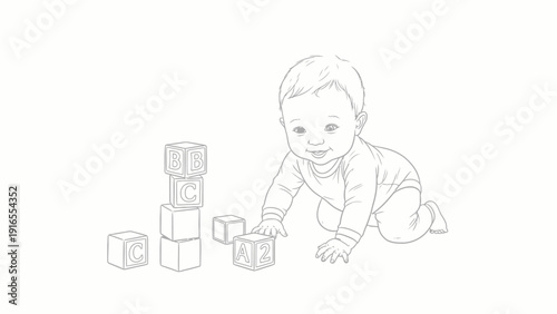 A happy baby playing with alphabet blocks, learning and growing.