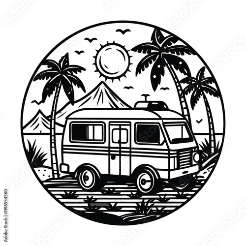 Vector illustration of camper van on beach with palm trees and tent