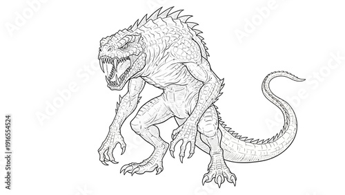 A fearsome mythical reptilian monster illustration with sharp teeth and claws.