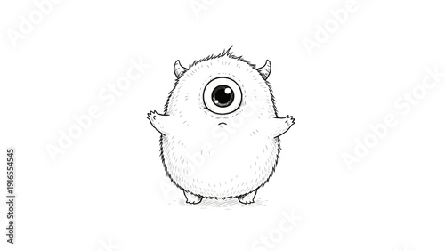 Cute one-eyed fluffy monster illustration standing on a white background.