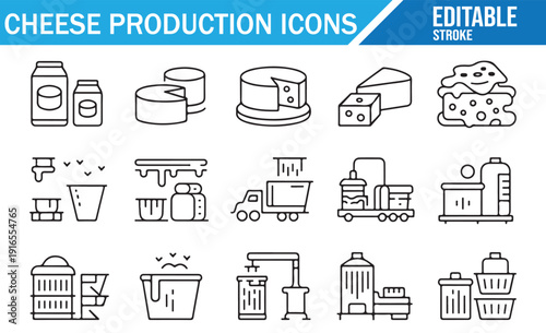 Set of cheese production and dairy industry line icons with editable stroke, vector illustration