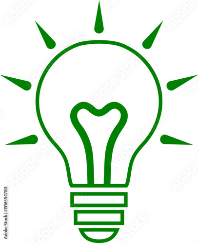 Green outline lightbulb icon with heart filament and rays for eco-friendly ideas