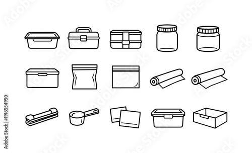 Home food storage items: food container, lunch box, bento box, glass jar, plastic jar, storage tin, freezer bag, zip bag, foil roll, plastic wrap roll