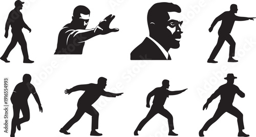 Silhouettes of men in various poses and actions depicted