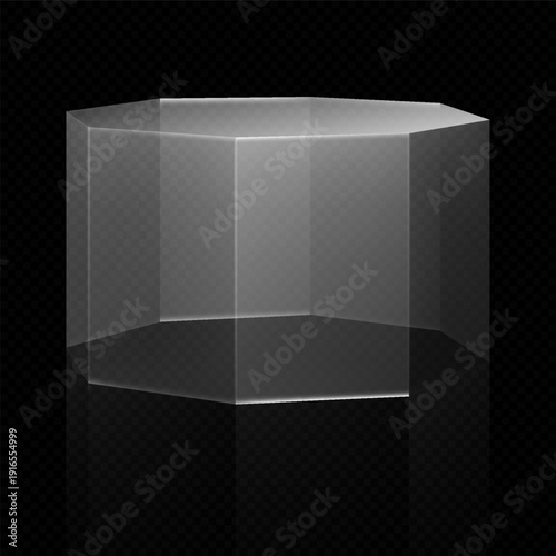 Glass octagonal podium, prism, on a black isolated, transparent background.