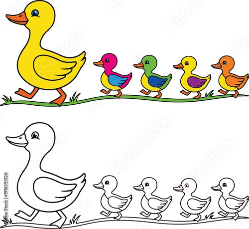 Mother Duck Leading Her Colorful Ducklings in a Row Fun Cartoon for Coloring and Kids Activities