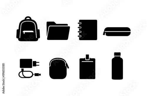 Office daily carry items: laptop backpack, document folder, notebook, pen case, power adapter, mouse pouch, ID holder, water bottle
