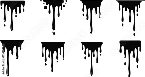 Black Liquid Dripping Set Collection Paint Ink Drip Splash Shapes Isolated on Light Background