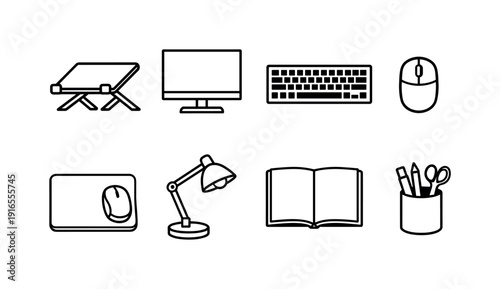 Office hybrid work desk setup: laptop stand, external monitor, keyboard, mouse, mouse pad, desk lamp, notebook, pen holder