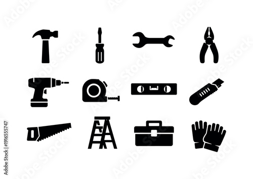 Home repair tools: hammer, screwdriver, wrench, pliers, drill, tape measure, level, utility knife, saw, ladder, toolbox, work gloves