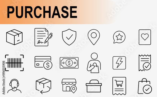 Purchase and e-commerce icon set, thin line symbols for online shopping retail transaction payment method and customer service vector illustration