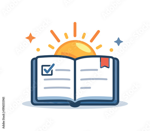 Intentional morning planning and priority setting before a busy workday, a simple notebook paired with a rising sun and a single checkmark symbolizing