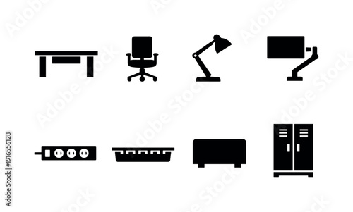 Office shared hot desk zone: shared desk, task chair, desk lamp, monitor arm, power outlet, cable tray, divider panel, storage locker