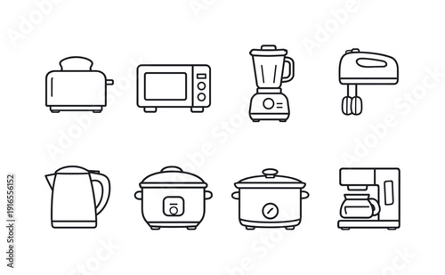 Basic kitchen appliances: toaster, microwave, blender, mixer, kettle, rice cooker, slow cooker, coffee maker