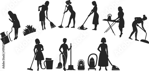 Housekeeping silhouettes set, women cleaning and ironing, domestic workers with mop broom vacuum, professional home service illustration