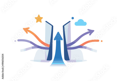 Decision confidence through constraint and clarity in complex planning situations, a narrow gateway guiding a single element forward while excess