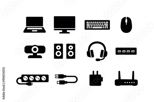 Home office electronics: laptop, monitor, keyboard, mouse, webcam, speaker, headset, USB hub, power strip, charging cable, wall charger, router