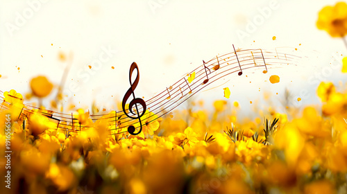 A musical note and music staff on the background of a yellow flower field
