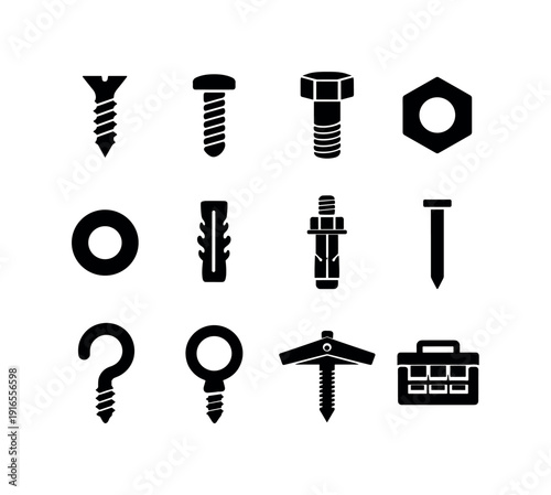 Home workshop fasteners: wood screw, machine screw, bolt, nut, washer, wall plug, anchor bolt, nail, screw hook, eye bolt, toggle bolt, storage box