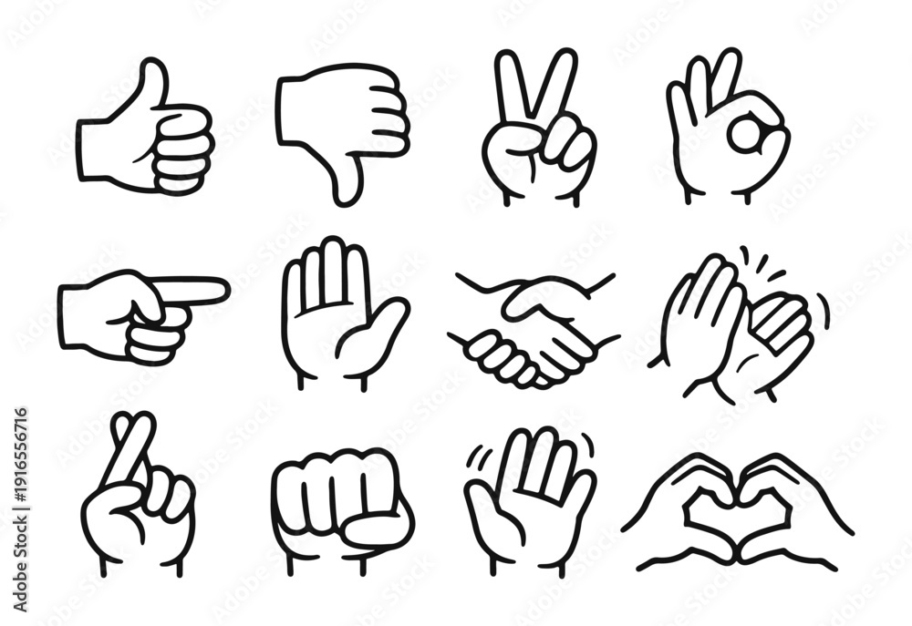 Fototapeta premium Various Hand Gestures and Communication Hand-drawn Doodle Icons Set on White Background