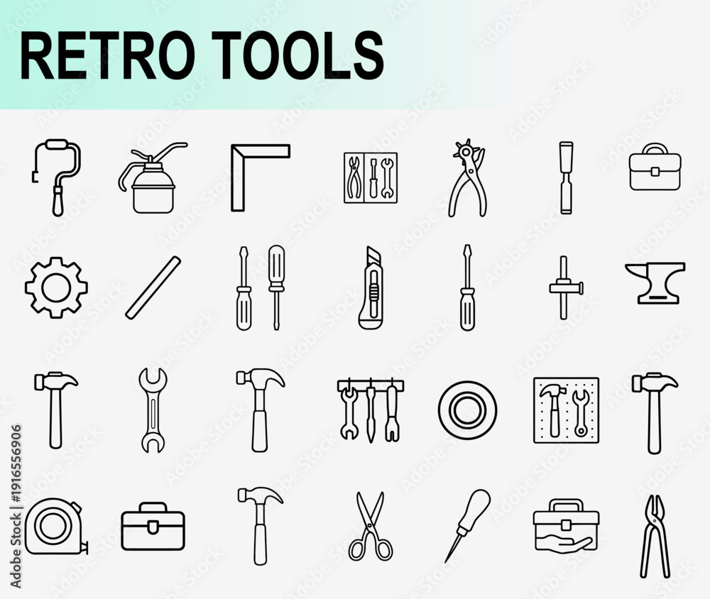 Fototapeta premium Retro tools and hardware icon set, thin line symbols for carpentry construction repair workshop and vintage manual equipment vector illustration