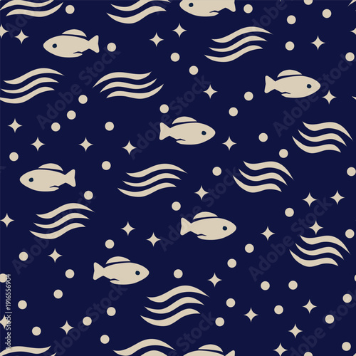 Minimalist marine life seamless pattern. Elegant fish, waves, and stars for coastal home decor, luxury nursery wallpaper, and sustainable textiles.