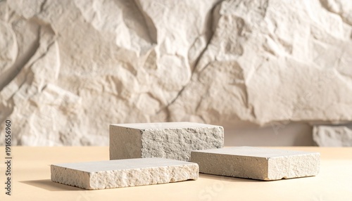 Three rectangular stone blocks on flat surface before rugged textured stone wall, rough uneven surfaces, natural limestone appearance, architectural and geological representation of construction mater
